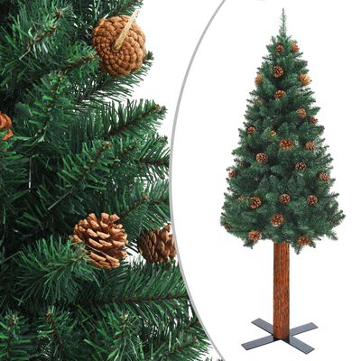 vidaXL Sapin de Noël mince avec bois véritable et cônes vert 150cm PVC