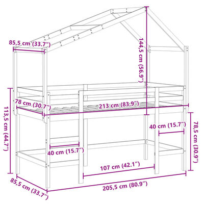 vidaXL Lit superposé et échelle et toit 80x200 cm bois de pin massif