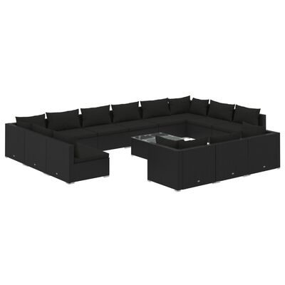 vidaXL Salon de jardin 14 pcs avec coussins Noir Résine tressée