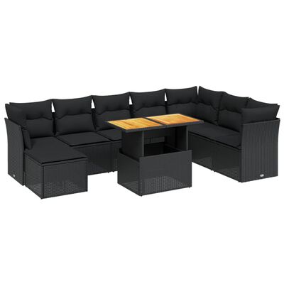 vidaXL Salon de jardin 9 pcs avec coussins noir résine tressée