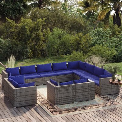 vidaXL Salon de jardin 12 pcs avec coussins Gris Résine tressée