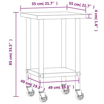 vidaXL Table de travail de cuisine avec roues 55x55x85 cm inox