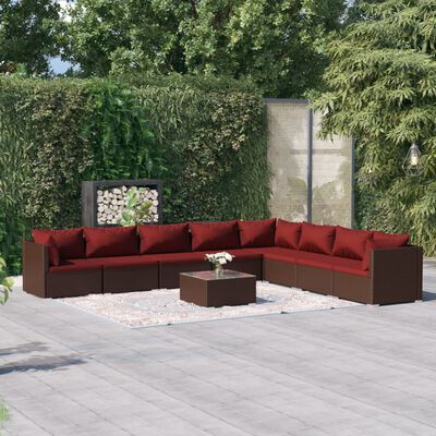 vidaXL Salon de jardin 9 pcs avec coussins résine tressée marron