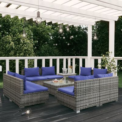 vidaXL Salon de jardin 9 pcs avec coussins Résine tressée Gris