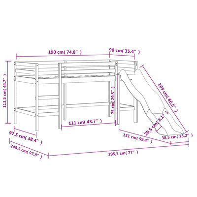 vidaXL Lit mezzanine enfants et rideaux bleu 90x190cm bois pin massif