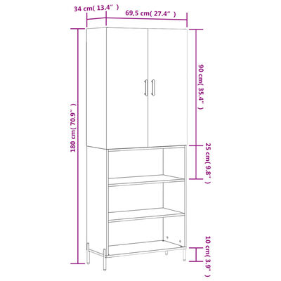 vidaXL Buffet haut Sonoma gris 69,5x34x180 cm Bois d'ingénierie