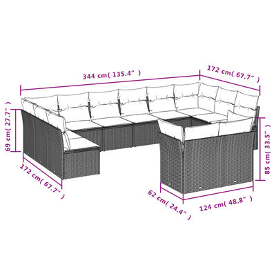 vidaXL Salon de jardin 12 pcs avec coussins noir résine tressée