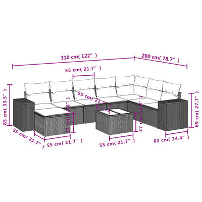 vidaXL Salon de jardin avec coussins 9 pcs beige résine tressée