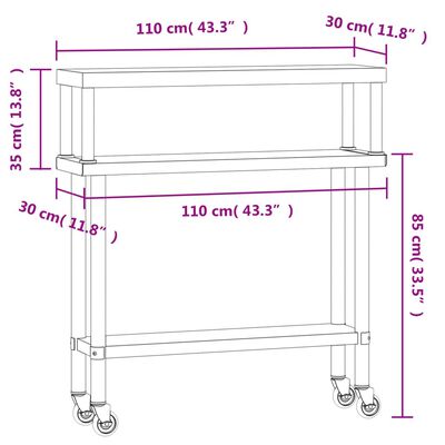 vidaXL Table de travail de cuisine avec étagère 110x30x120 cm inox