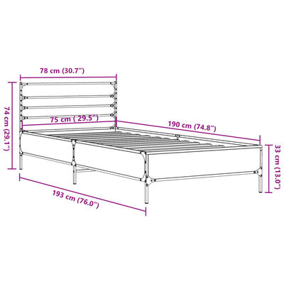 vidaXL Cadre de lit chêne marron 75x190 cm bois d'ingénierie et métal