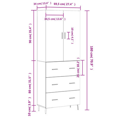 vidaXL Buffet haut Chêne fumé 69,5x34x180 cm Bois d'ingénierie