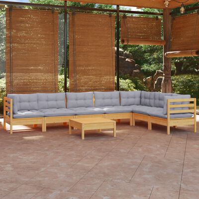 vidaXL Salon de jardin 8 pcs avec coussins gris Bois de pin massif