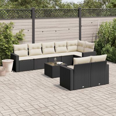 vidaXL Salon de jardin 9 pcs avec coussins noir résine tressée