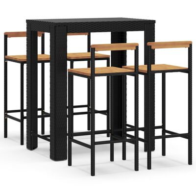 vidaXL Ensemble de bar jardin 5 pcs noir poly rotin/bois massif acacia