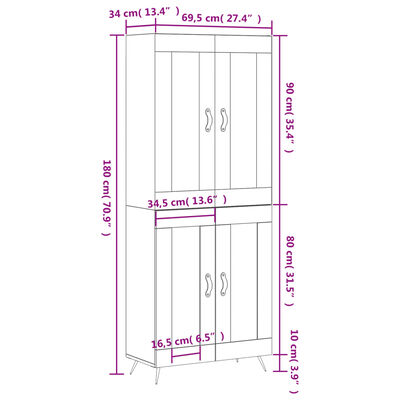 vidaXL Buffet haut Gris béton 69,5x34x180 cm Bois d'ingénierie