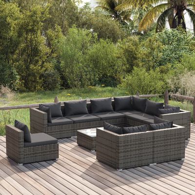 vidaXL Salon de jardin 10 pcs avec coussins Résine tressée Gris