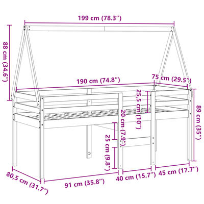 vidaXL Lit haut avec toit 75x190 cm bois de pin massif