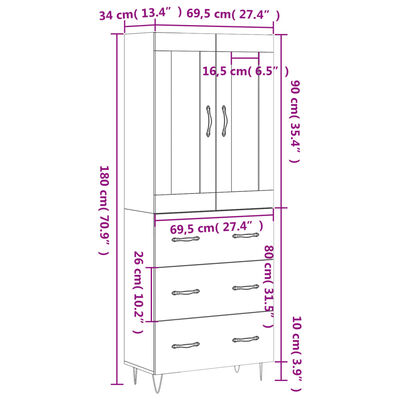 vidaXL Buffet haut Blanc 69,5x34x180 cm Bois d'ingénierie