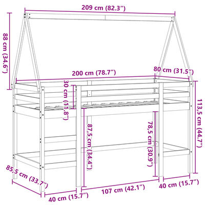 vidaXL Lit superposé et échelle et toit 80x200 cm bois de pin massif