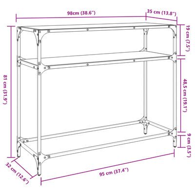 vidaXL Table console avec dessus en verre transparent 98x35x81cm acier