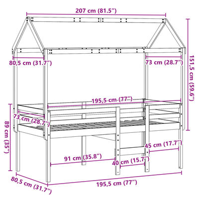 vidaXL Lit haut avec toit 75x190 cm bois de pin massif