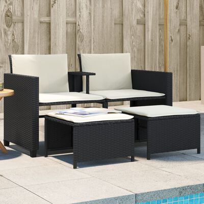 vidaXL Canapé de jardin 2 places avec table et tabourets noir rotin