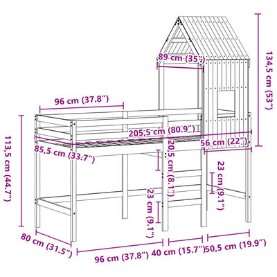 vidaXL Lit superposé et échelle et toit blanc 80x200cm bois pin massif