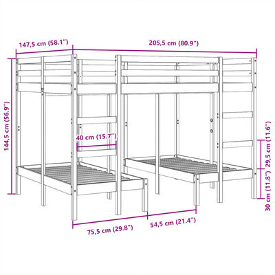 vidaXL Lit superposé triple blanc 140x200/70x140 cm bois de pin massif