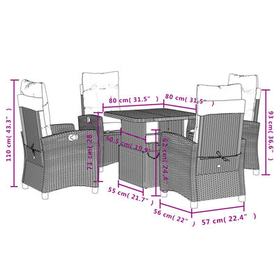 vidaXL Ensemble à manger de jardin coussins 5pcs Noir Résine tressée