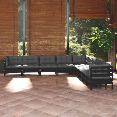 vidaXL Salon de jardin 9 pcs avec coussins Noir Bois de pin massif