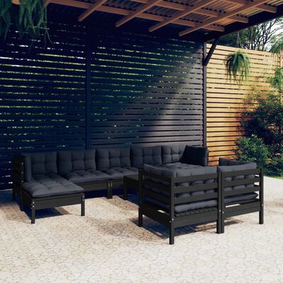 vidaXL Salon de jardin 10 pcs avec coussins Noir Bois de pin massif