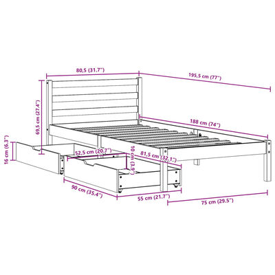 vidaXL Cadre de lit sans matelas blanc 75x190 cm bois de pin massif