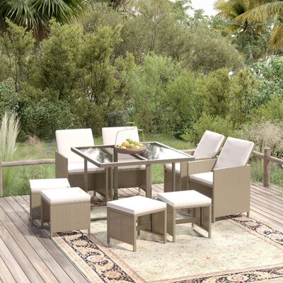 vidaXL Ensemble à manger de jardin et coussins 9 pcs Poly rotin Beige