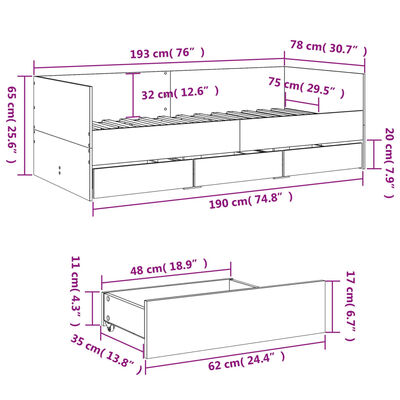 vidaXL Lit de jour avec tiroirs sans matelas chêne sonoma 75x190 cm