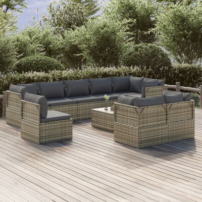 vidaXL Salon de jardin 10 pcs avec coussins Gris Résine tressée