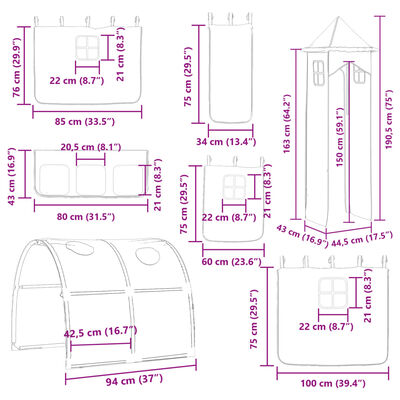 vidaXL Lit superposé sans matelas avec toboggan et rideaux 90x200 cm