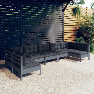 vidaXL Salon de jardin 7 pcs avec coussins gris bois de pin massif