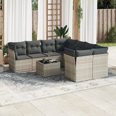 vidaXL Salon de jardin 9 pcs avec coussins gris clair résine tressée