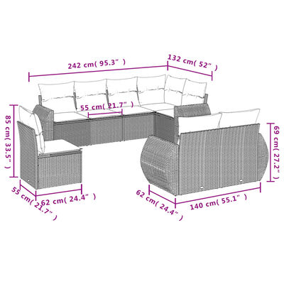 vidaXL Salon de jardin 8 pcs avec coussins noir résine tressée