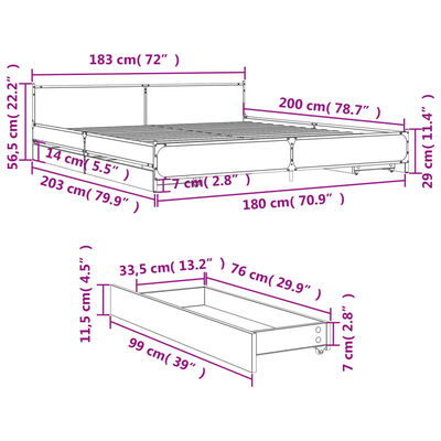 vidaXL Cadre de lit avec tiroirs sans matelas chêne marron 180x200 cm