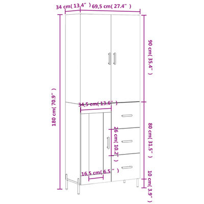 vidaXL Buffet haut Blanc 69,5x34x180 cm Bois d'ingénierie