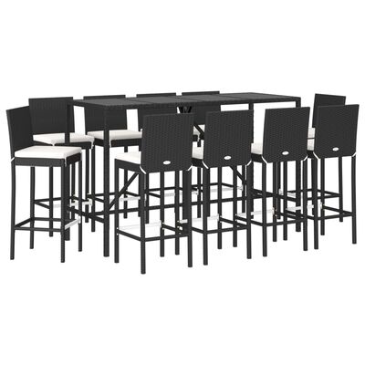 vidaXL Ensemble de bar de jardin 11 pcs avec coussins noir poly rotin