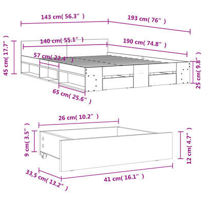 vidaXL Cadre de lit avec tiroirs sans matelas chêne fumé 140x190 cm