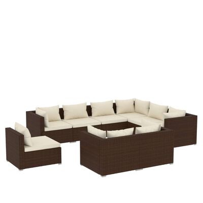 vidaXL Salon de jardin 9 pcs avec coussins Résine tressée Marron