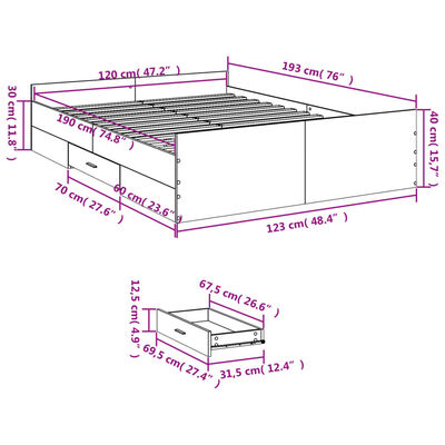 vidaXL Cadre de lit avec tiroirs sans matelas chêne marron 120x190 cm