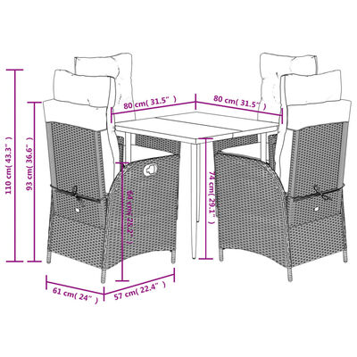 vidaXL Ensemble à manger de jardin coussins 5pcs Noir Résine tressée