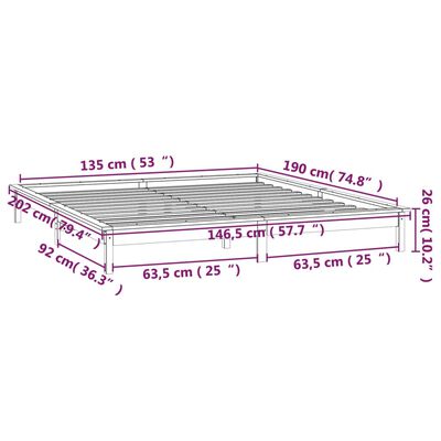 vidaXL Cadre de lit à LED noir 135x190 cm double bois massif