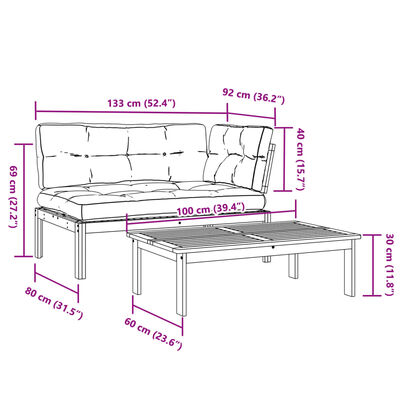 vidaXL Salon palette de jardin avec coussins 2pcs bois d'acacia massif