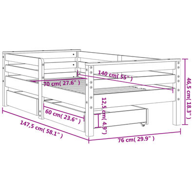 vidaXL Cadre de lit enfant avec tiroirs noir 70x140 cm bois pin massif