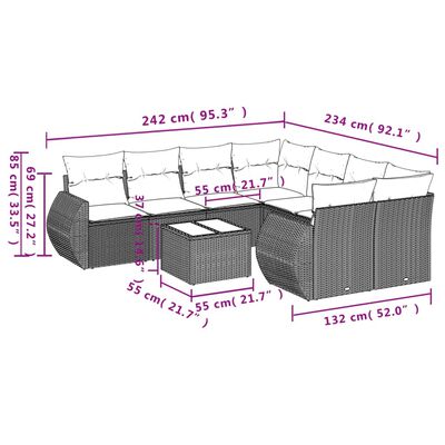 vidaXL Salon de jardin 9 pcs avec coussins gris résine tressée